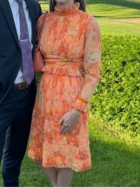 Orange Floral Long-Sleeve Midi Dress